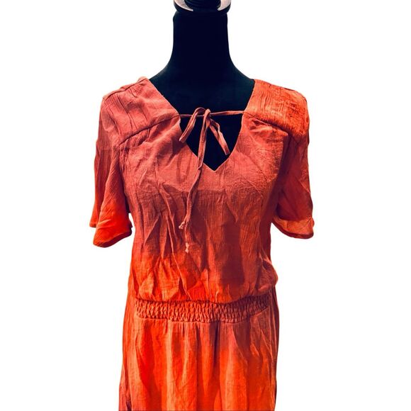 Luxology Coral Boho Maxi Dress Tie Neck Smocked Waist Size L - Picture 3 of 7